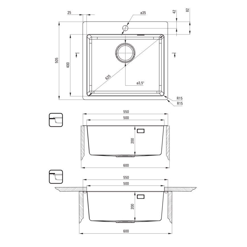 Deante ZPO_010B - Fregadero de cocina OLFATO 50.5x55 cm acero cepillado