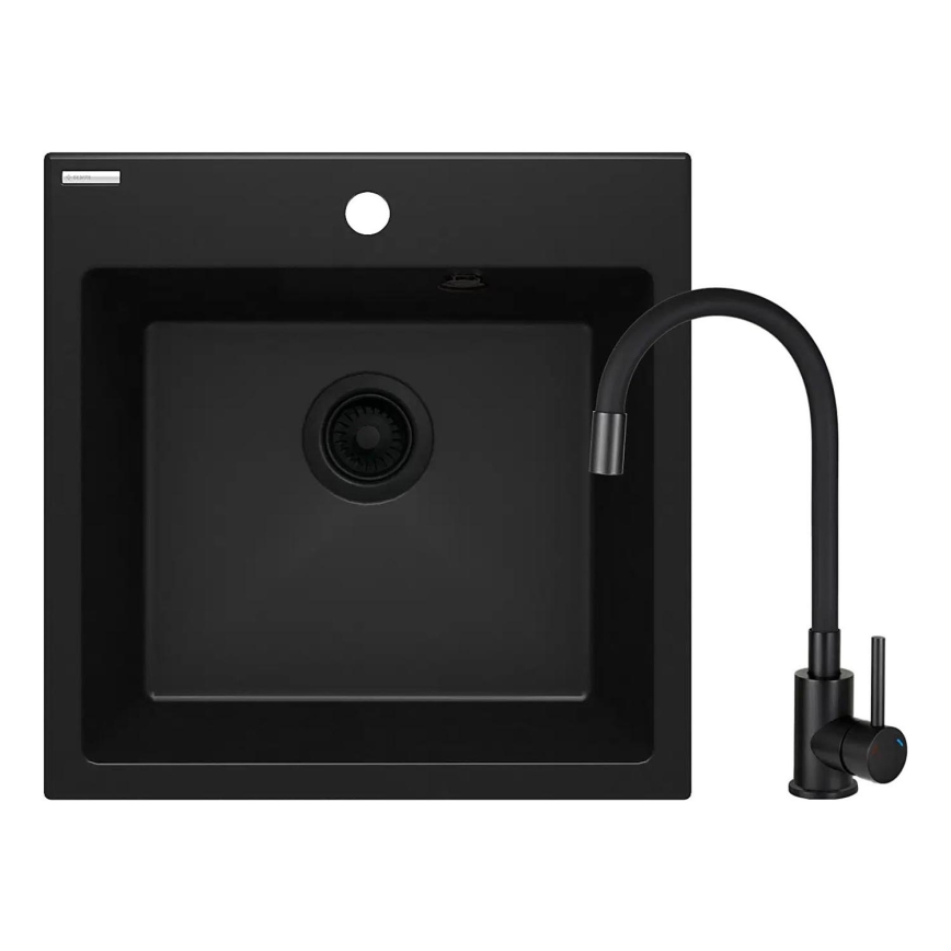 Deante ZQJNN103 - Fregadero de cocina EVORA 50x50 cm + grifo de fregadero con brazo flexible granito/negro