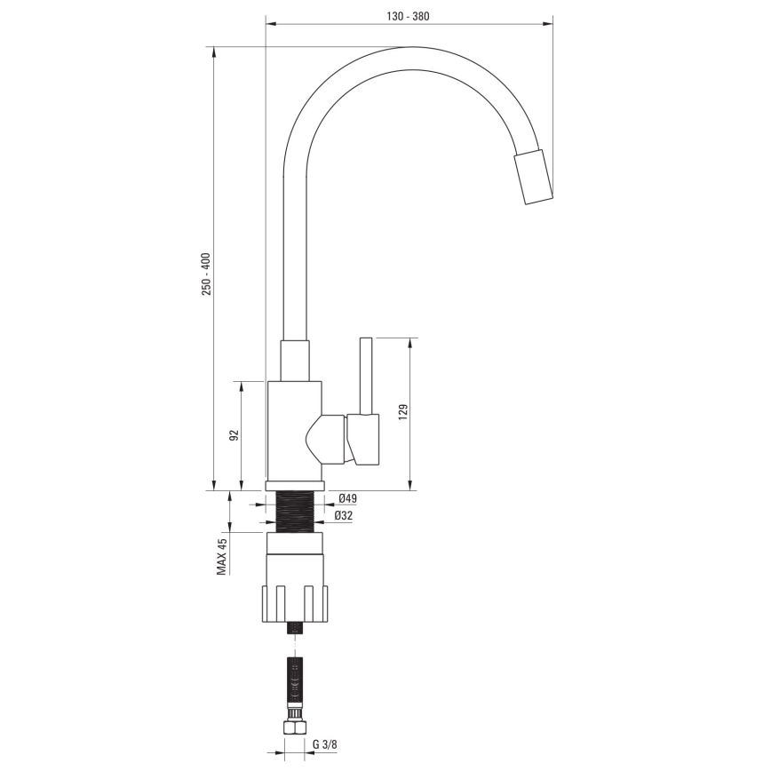 Deante ZQJNN103 - Fregadero de cocina EVORA 50x50 cm + grifo de fregadero con brazo flexible granito/negro