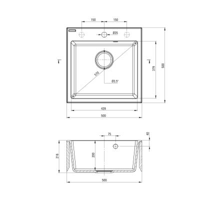 Deante ZQJNN103 - Fregadero de cocina EVORA 50x50 cm + grifo de fregadero con brazo flexible granito/negro