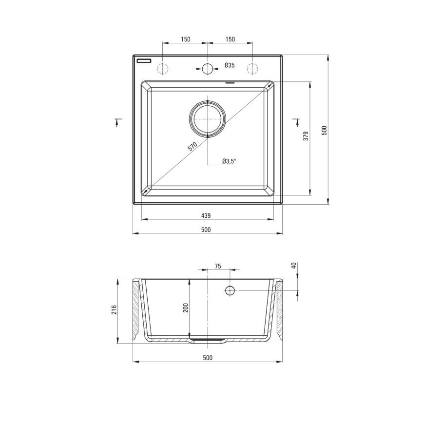 Deante ZQJNN103 - Fregadero de cocina EVORA 50x50 cm + grifo de fregadero con brazo flexible granito/negro