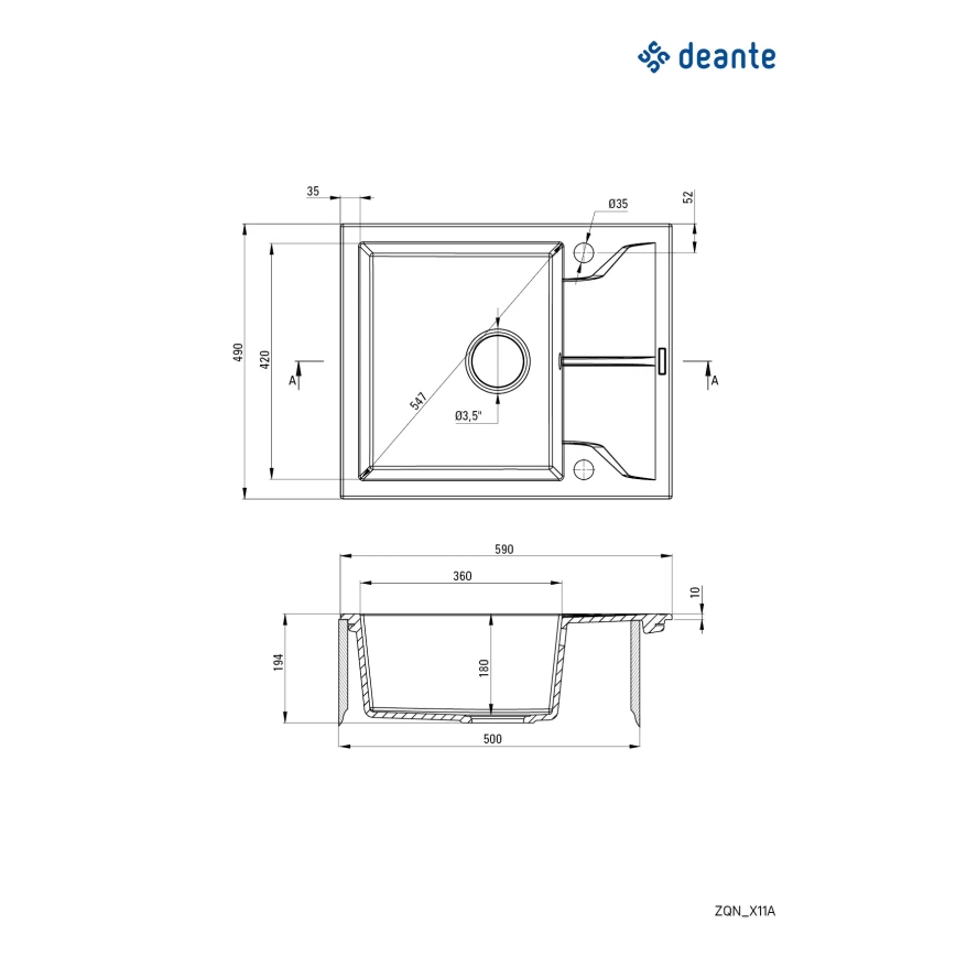 Deante ZQN_G11A - Fregadero de cocina ANDANTE 49x59 cm granito/grafito metálico