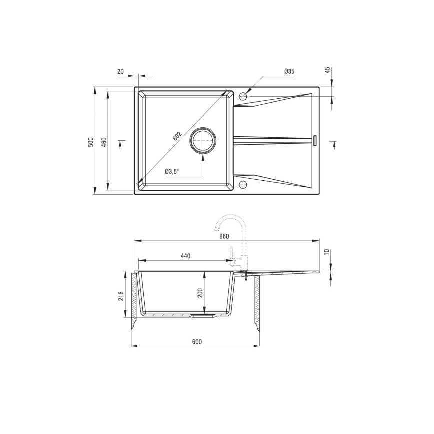 Deante ZRC_211A - Fregadero de cocina CORIO 50x86 cm granito/grafito