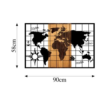 Decoración de pared 90x58 cm mapa madera/metal