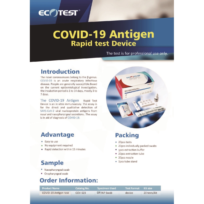 ECOTEST RAPID - Prueba rápida antigénica para COVID-19, paquete con 20 piezas