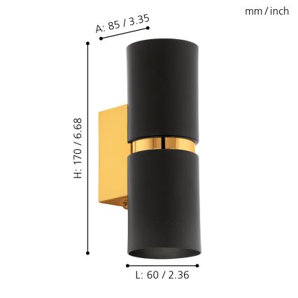 Eglo 64795 - Aplique LED PASSA PRO 2xGU10/3,3W/230V 3000K negro/dorado