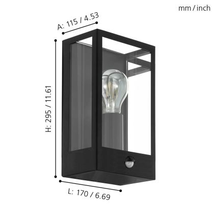 Eglo - Aplique de exterior con sensor 1xE27/60W/230V IP44