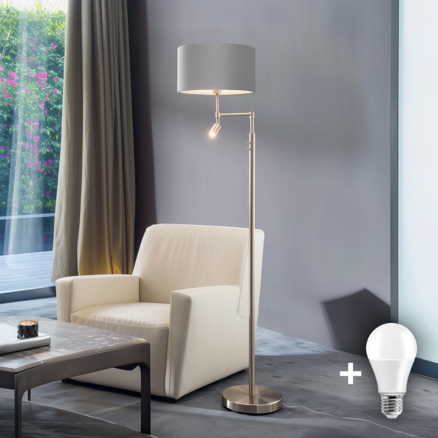 Eglo - Lámpara LED de pie TUNJA 1xE27/60W/230V + LED/2,1W diá. 38 cm cromo mate/gris