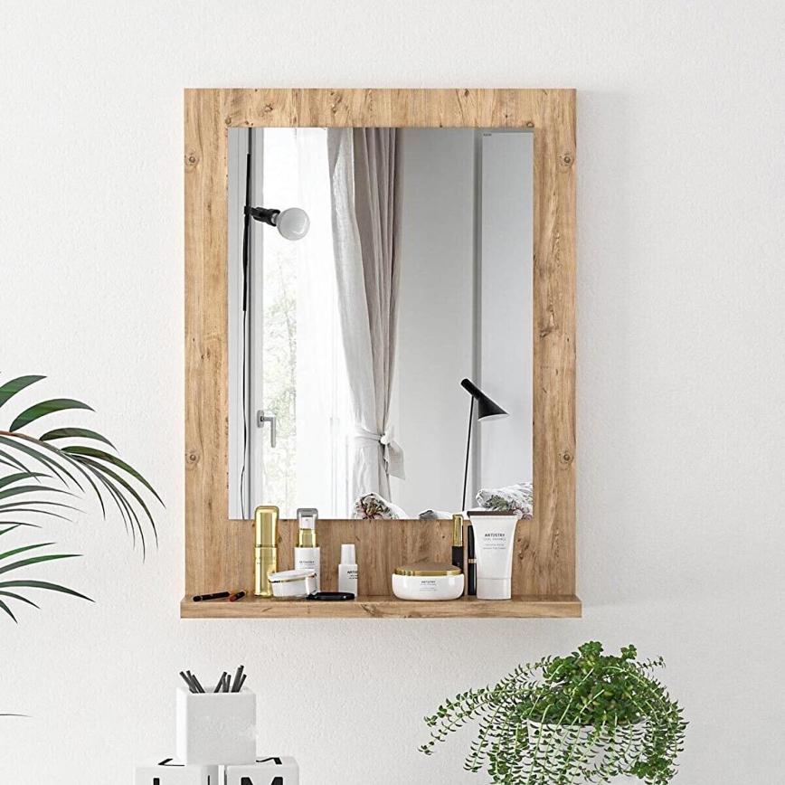 Espejo de pared con estante 60x45 cm pino atlántico