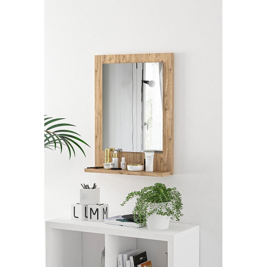 Espejo de pared con estante 60x45 cm pino atlántico