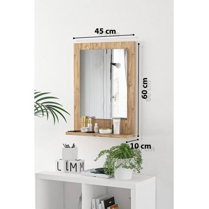 Espejo de pared con estante 60x45 cm pino atlántico