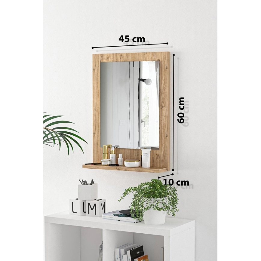 Espejo de pared con estante 60x45 cm pino atlántico