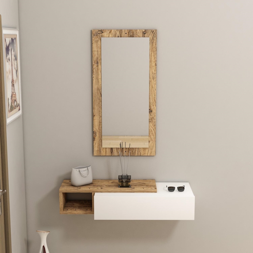 Estante de pared + espejo de pared VIEN blanco/pino atlántico