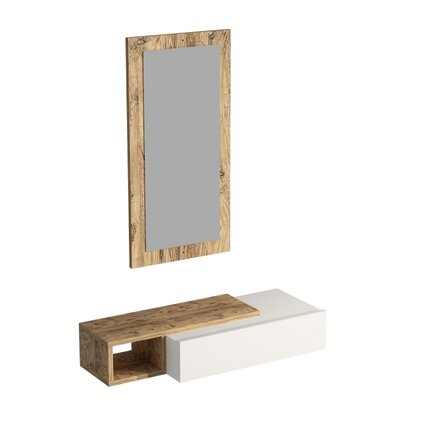 Estante de pared + espejo de pared VIEN blanco/pino atlántico