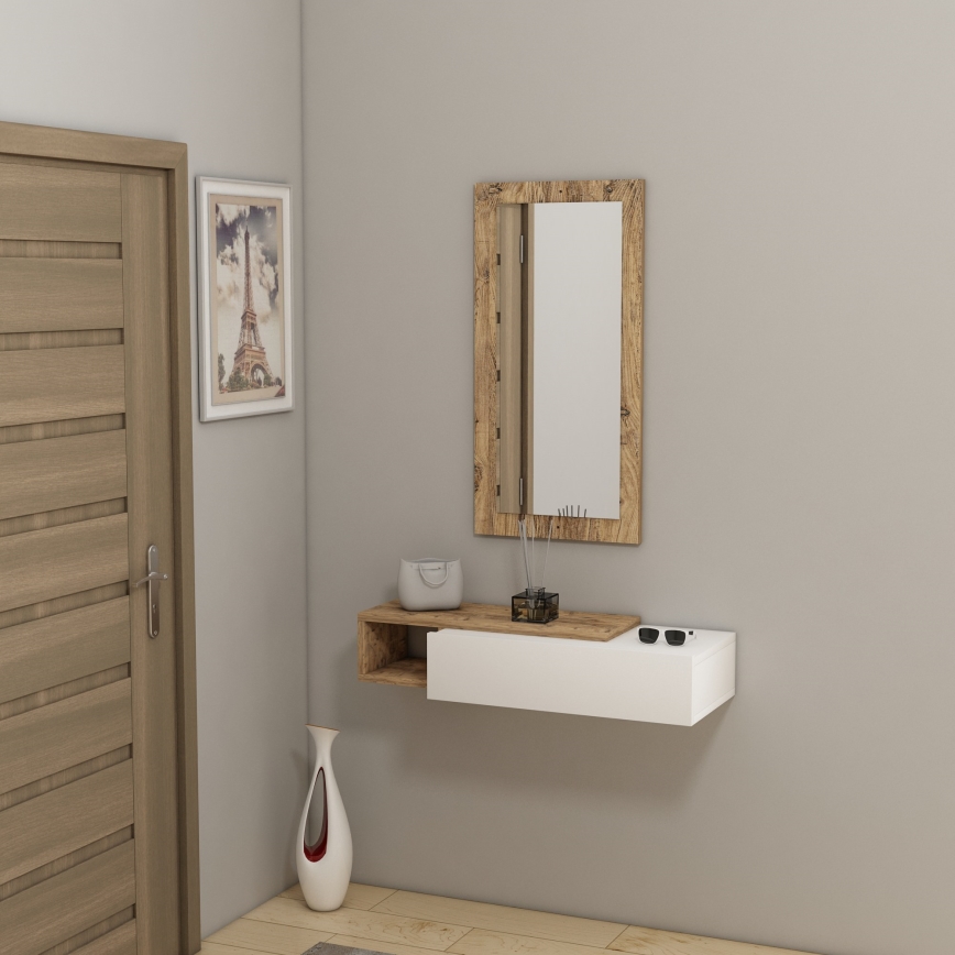 Estante de pared + espejo de pared VIEN blanco/pino atlántico