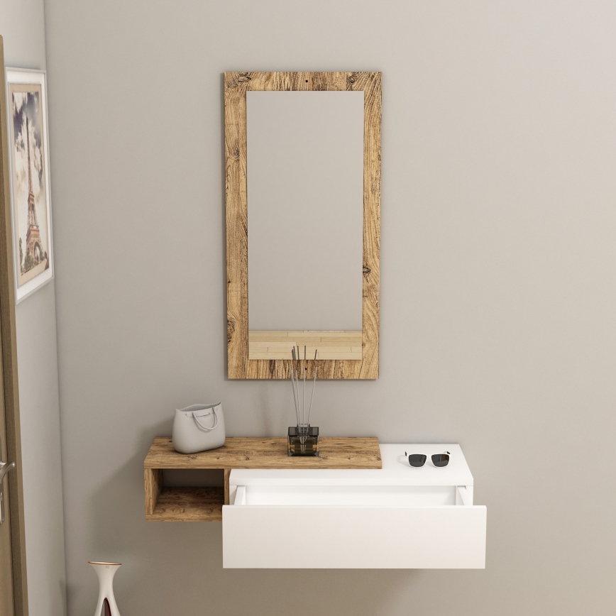 Estante de pared + espejo de pared VIEN blanco/pino atlántico