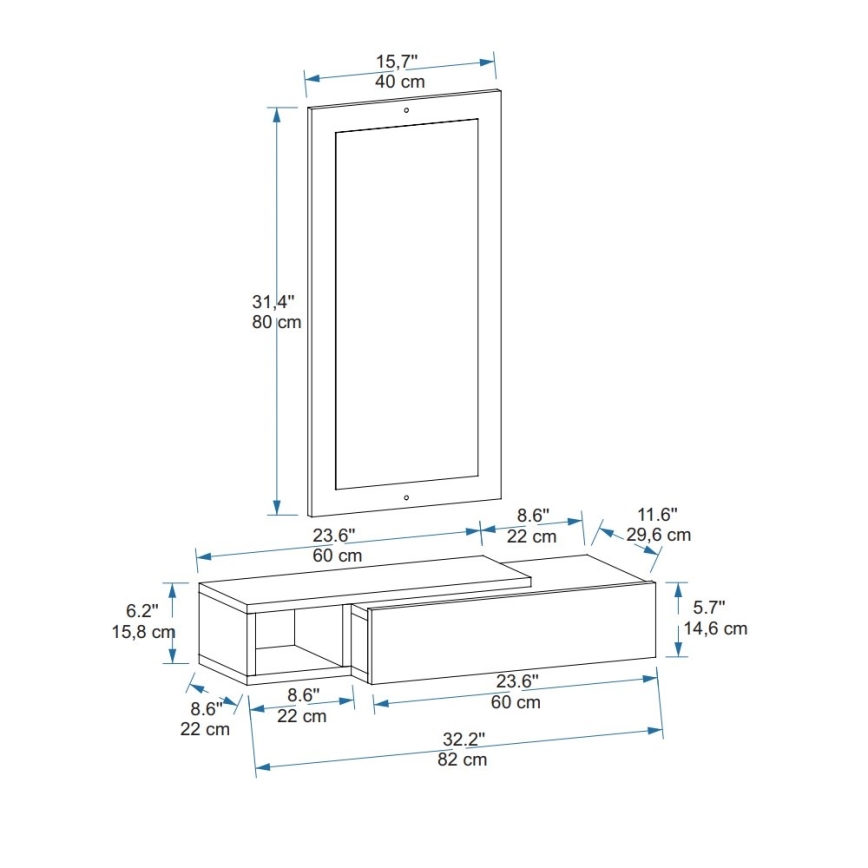 Estante de pared + espejo de pared VIEN blanco/pino atlántico