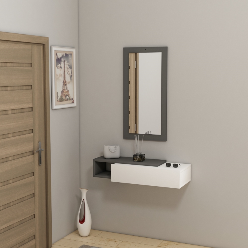 Estantería de pared + pared espejo VIEN blanco/antracita