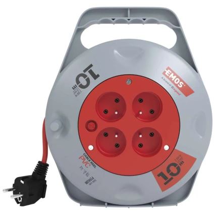 Extensión con carrete de cable con 4 enchufes 10m gris/rojo
