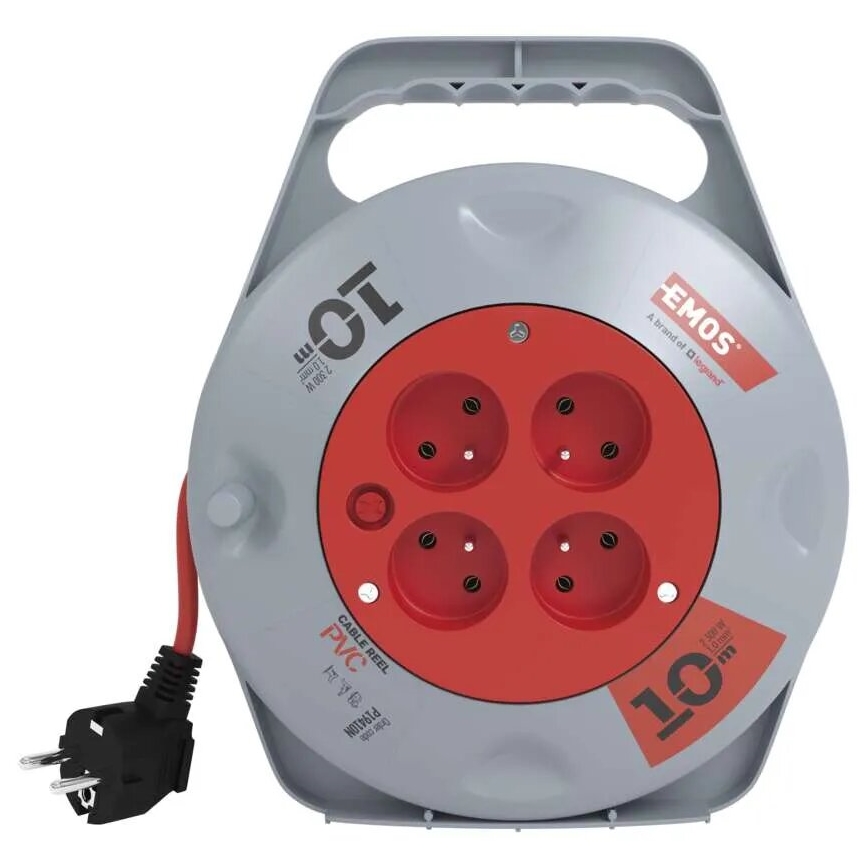 Extensión con carrete de cable con 4 enchufes 10m gris/rojo