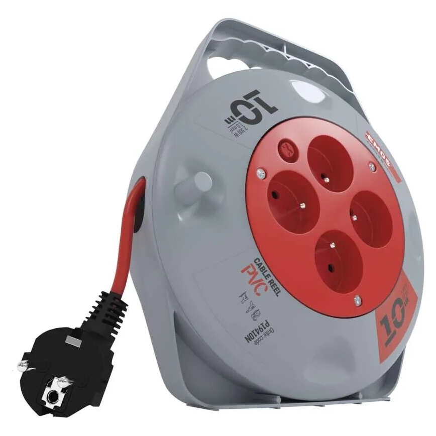 Extensión con carrete de cable con 4 enchufes 10m gris/rojo