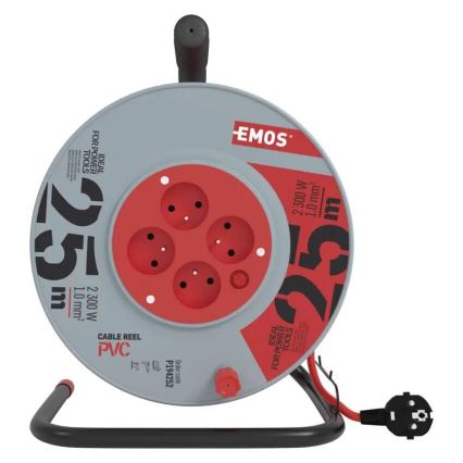 Extensión con carrete de cable con 4 enchufes 25m gris/rojo