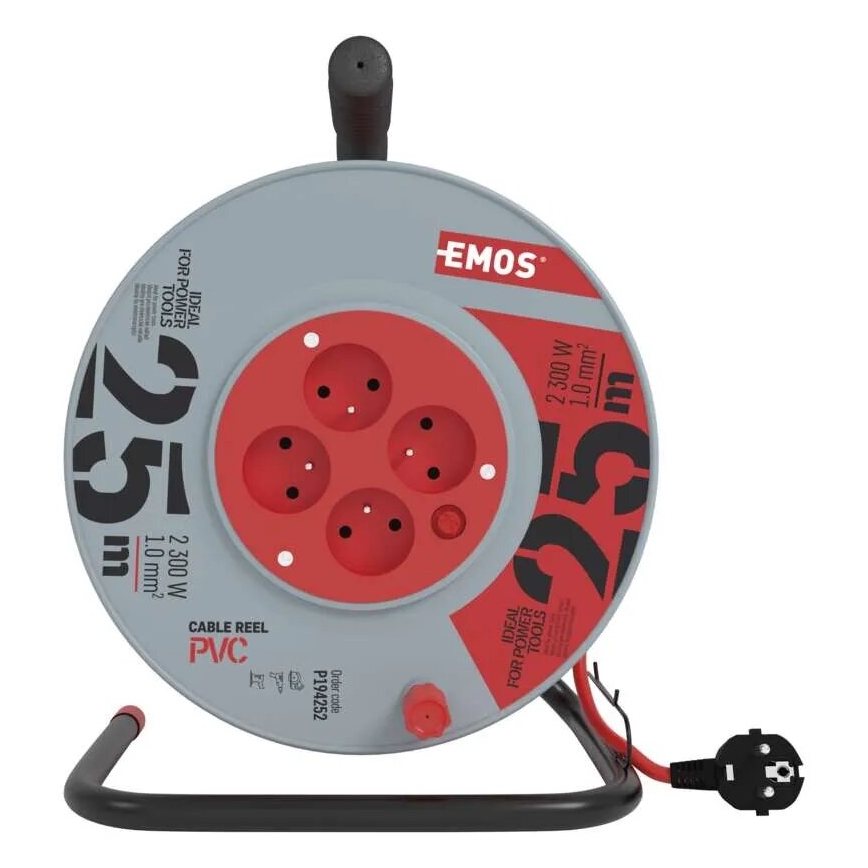 Extensión con carrete de cable con 4 enchufes 25m gris/rojo