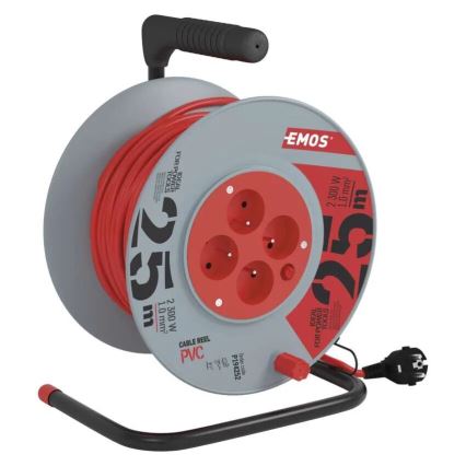 Extensión con carrete de cable con 4 enchufes 25m gris/rojo