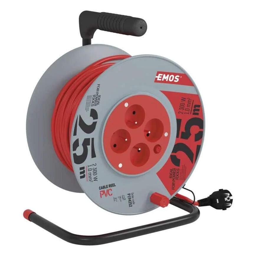 Extensión con carrete de cable con 4 enchufes 25m gris/rojo