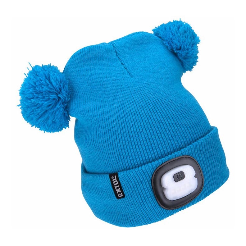 Extol - Gorra con linterna frontal y carga USB 250 mAh azul con pompones talla infantil