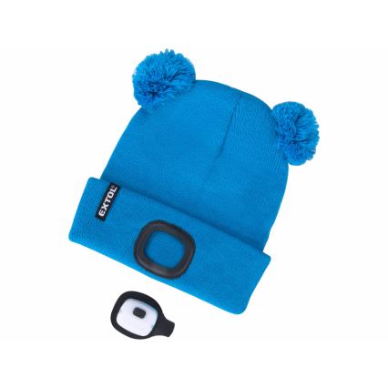 Extol - Gorra con linterna frontal y carga USB 250 mAh azul con pompones talla infantil