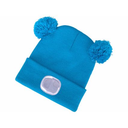 Extol - Gorra con linterna frontal y carga USB 250 mAh azul con pompones talla infantil