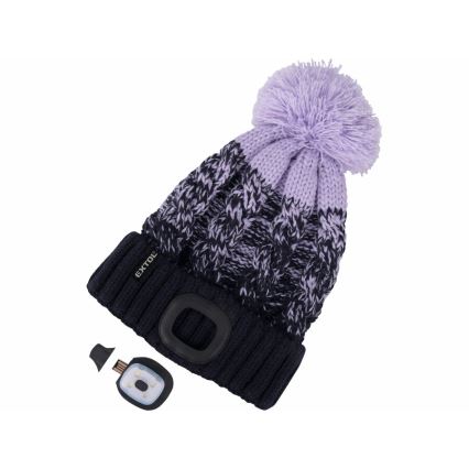 Extol - Gorra con linterna frontal y carga USB 300 mAh azul/morado con pompón, talla UNI