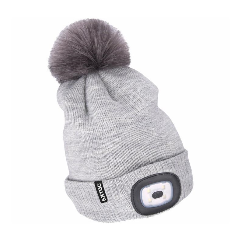 Extol - Gorra con linterna frontal y carga USB 300 mAh gris con pompón talla UNI