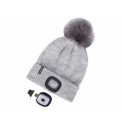 Extol - Gorra con linterna frontal y carga USB 300 mAh gris con pompón talla UNI