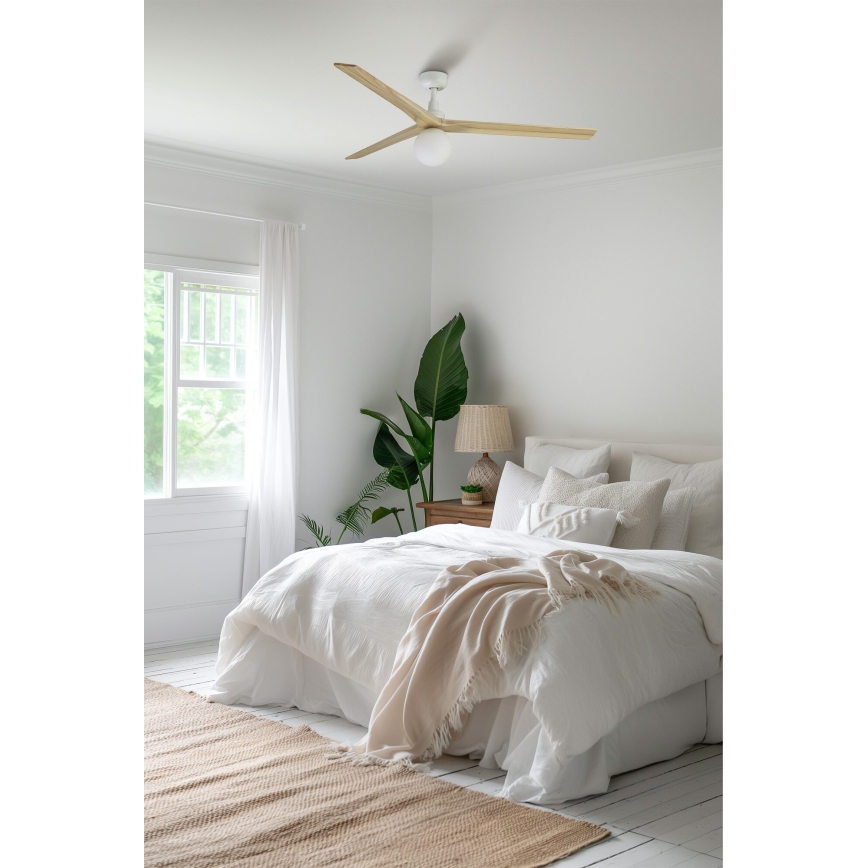 FARO 34279-11L - Ventilador de techo KLIM L 1xE27/15W/230V madera/blanco diá. 150 cm + control remoto