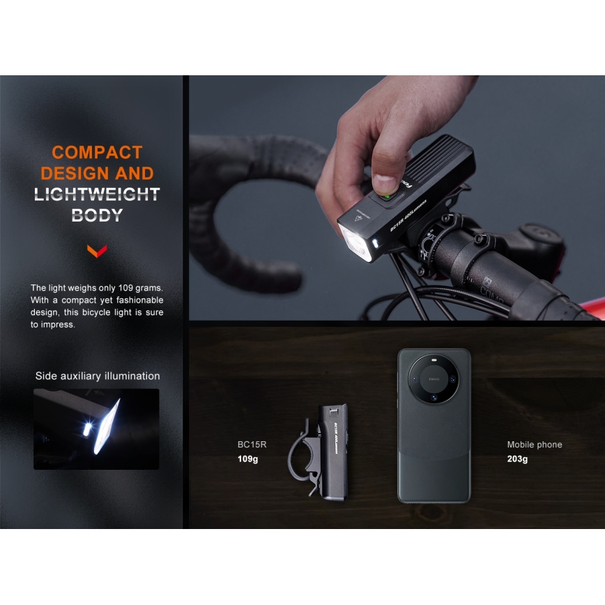 Fenix BC15R- LED Luz de bicicleta regulable y recargable LED/USB IP66 400 lm 31,5 horas