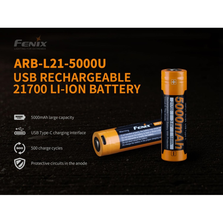 Fenix FE21700USB - 1pc Batería recargable USB/3.6V 5000 mAh