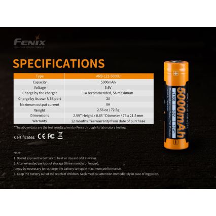 Fenix FE21700USB - 1pc Batería recargable USB/3.6V 5000 mAh