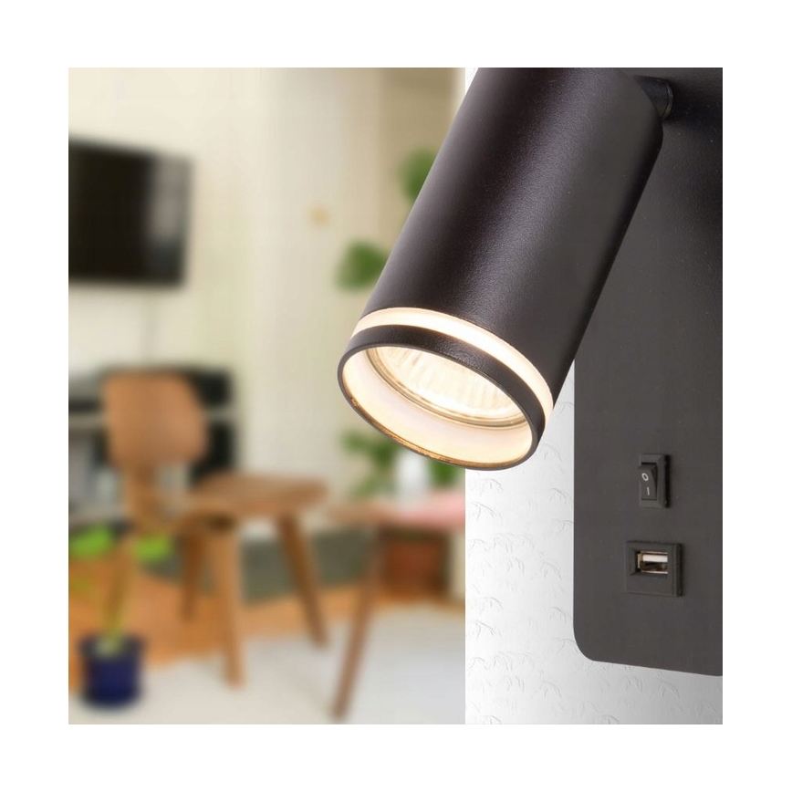 Foco de pared con cargador USB 1xGU10/35W/230V negro