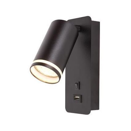 Foco de pared con cargador USB 1xGU10/35W/230V negro