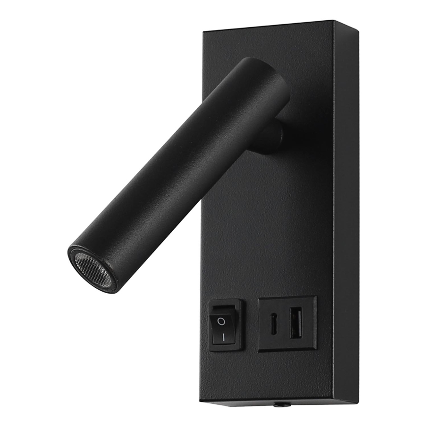 Foco LED de pared con USB LED/2W/230V negro