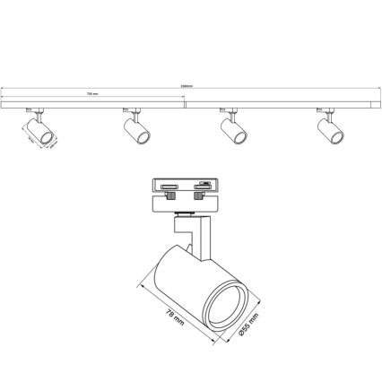 Foco para sistema de rieles LYNX 4xGU10/10W/230V + 2 x 75 cm Sistema de rieles blanco