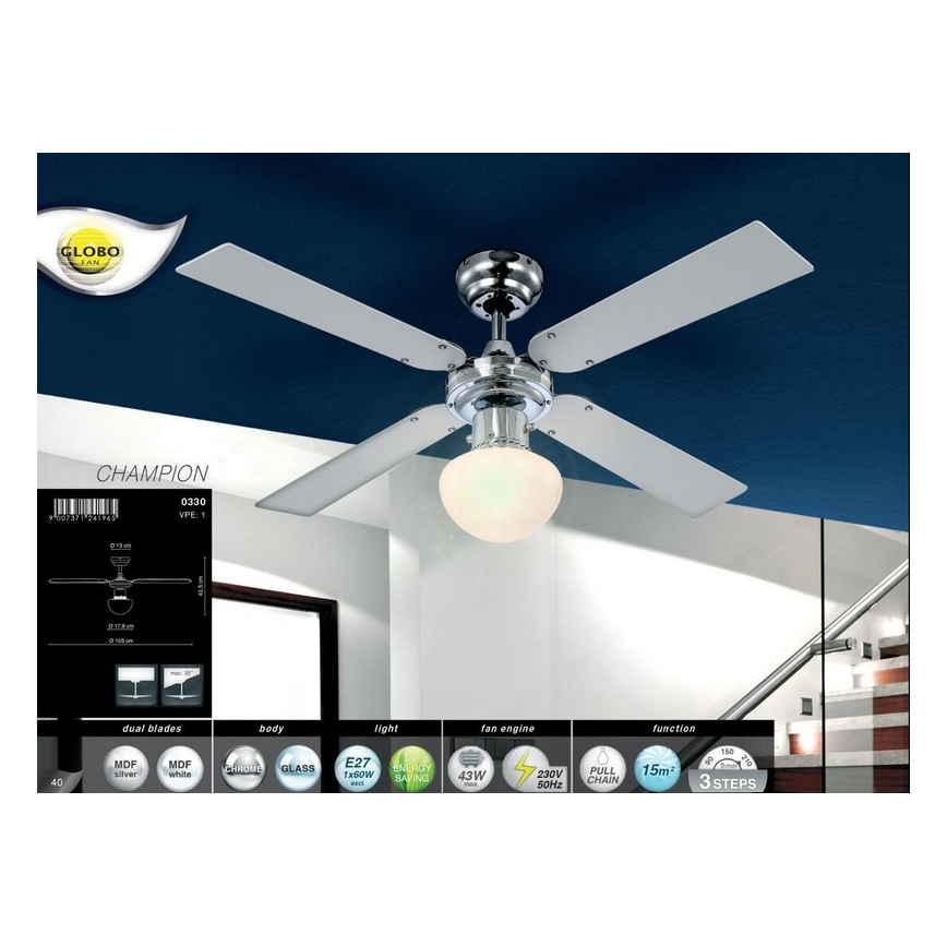 GLOBO 0330 - Ventilador de techo CHAMPION 1xE27/60W/230V