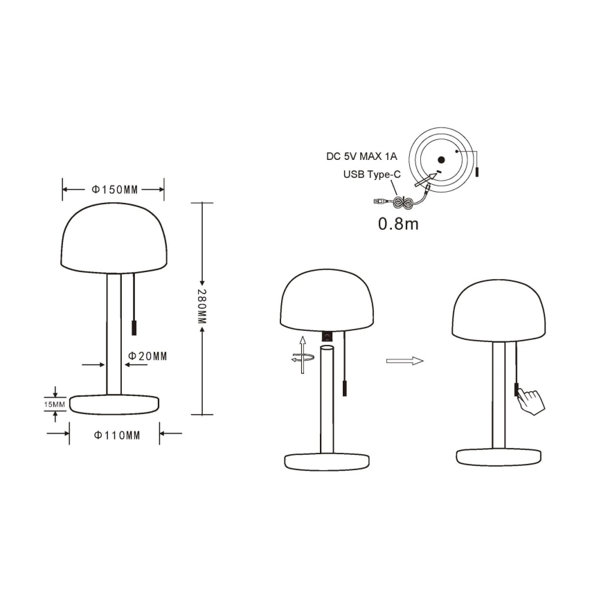Globo - LED Lámpara de mesa recargable LED/1,5W/3,7V 3000/4200/6000K 1800mAh negro