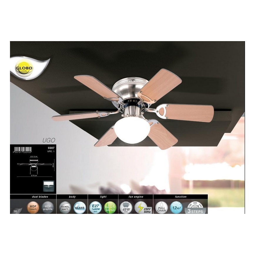 GLOBO 0307 - Ventilador de techo UGO 1xE27/60W/230V