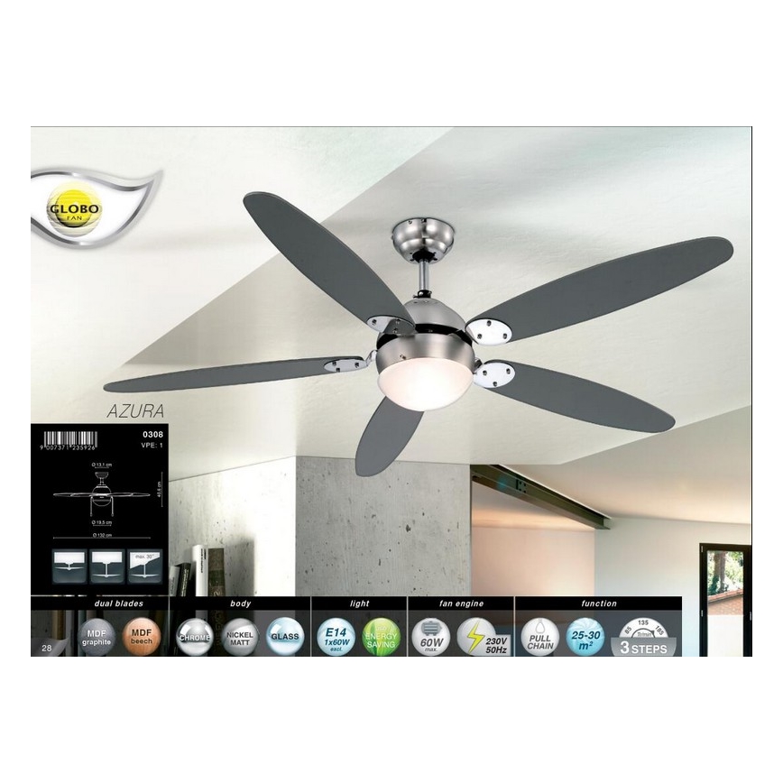 GLOBO 0308 - Ventilador de techo AZURA 1xE14/60W/230V