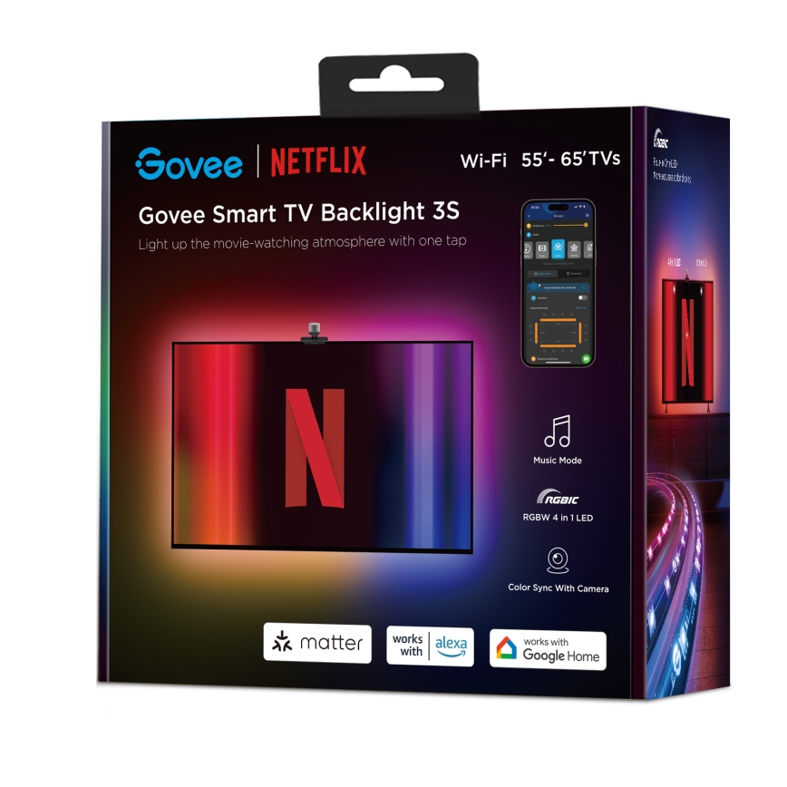 Govee - Iluminación trasera 3S Netflix TV 55-65" Iluminación LED SMART RGBICW Wi-Fi + control remoto