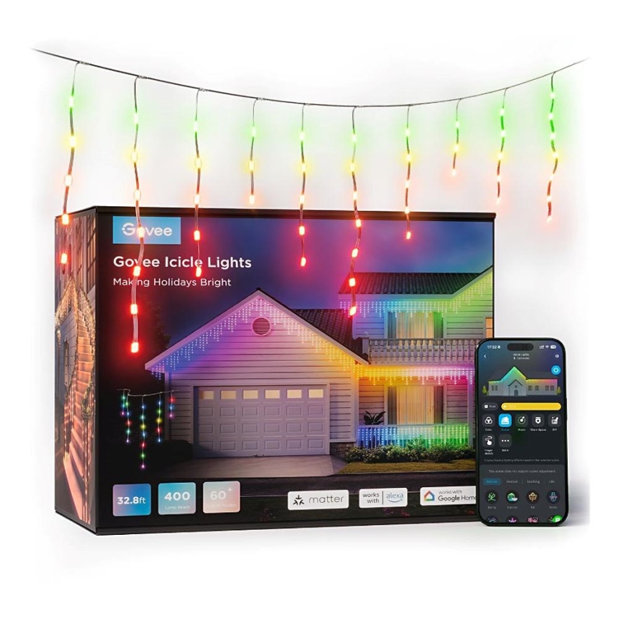 Govee - LED RGBIC Cadena de exterior Inteligente Carámbanos 10m Wi-Fi Matter IP65