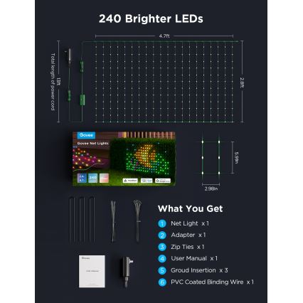 Govee - LED RGBIC Malla de iluminación exterior 143x85cm Wi-Fi Matter IP65